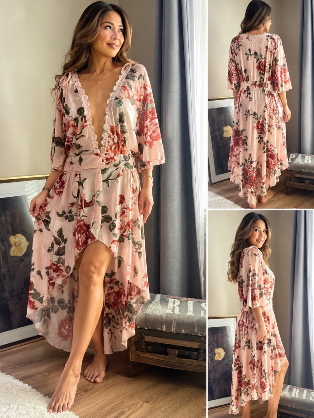 Kimono Floral Lace-Trim Pink High-Low Dress